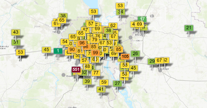 Интерактивная карта загрязнения воздуха в Киеве