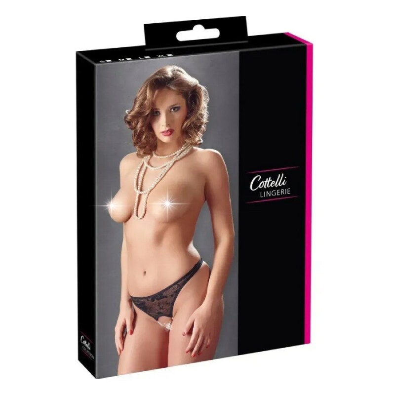 Сексуальні трусики Cottelli Collection, M, з інтимним доступом, мереживні, з перлами, чорні - Изображение 3