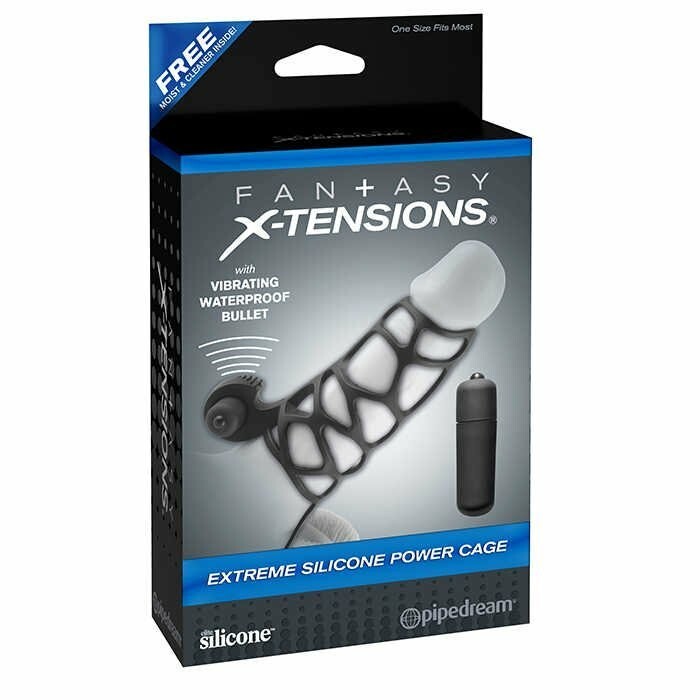 Ерекційна вібронасадка на пеніс Pipedream Fantasy X-tensions з кільцем на мошонку, чорна, 12 х 4 см