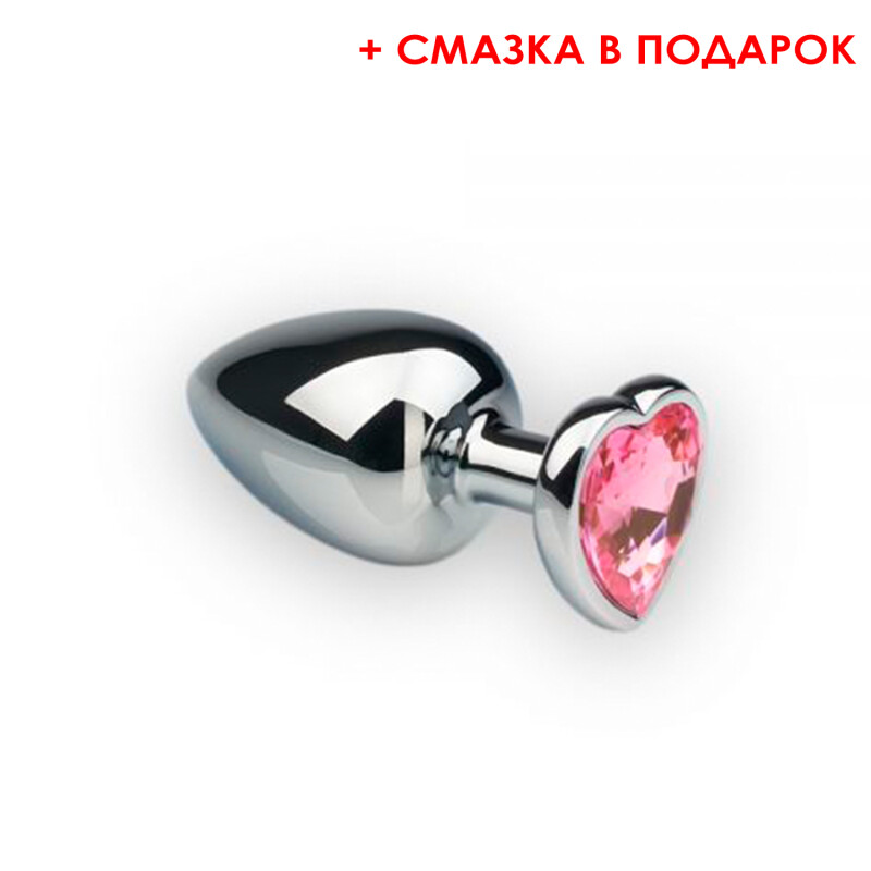 Анальна металева пробка, М, Silver Heart Pink Topaz (змазка в подарунок) - Зображення 1