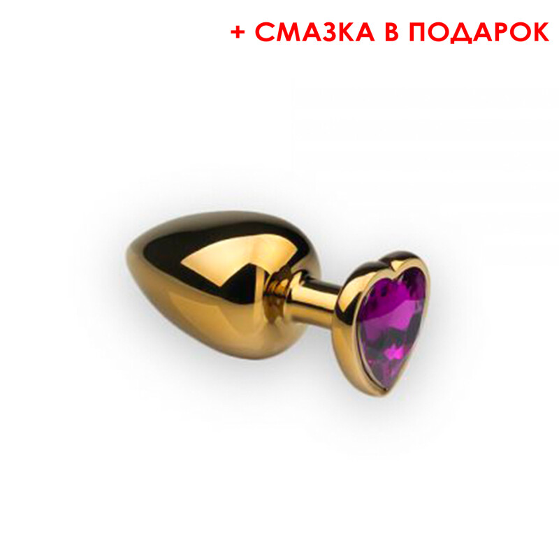 Анальна металева пробка з каменем у формі серця (змазка в подарунок) Gold Heart Sapphire S