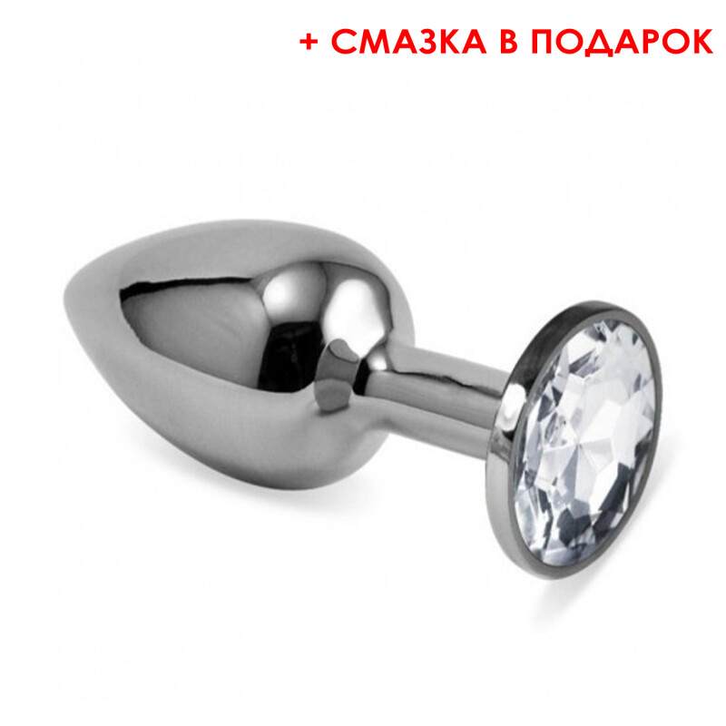 Анальна пробка з білим каменем Silver Diamond (змазка в подарунок), розмір, M 8,5x3,5 - Изображение 1