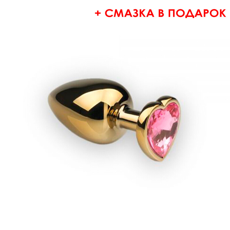 Металева анальна пробка серце (змазка в подарунок), Gold Heart Pink Topaz M - Изображение 1