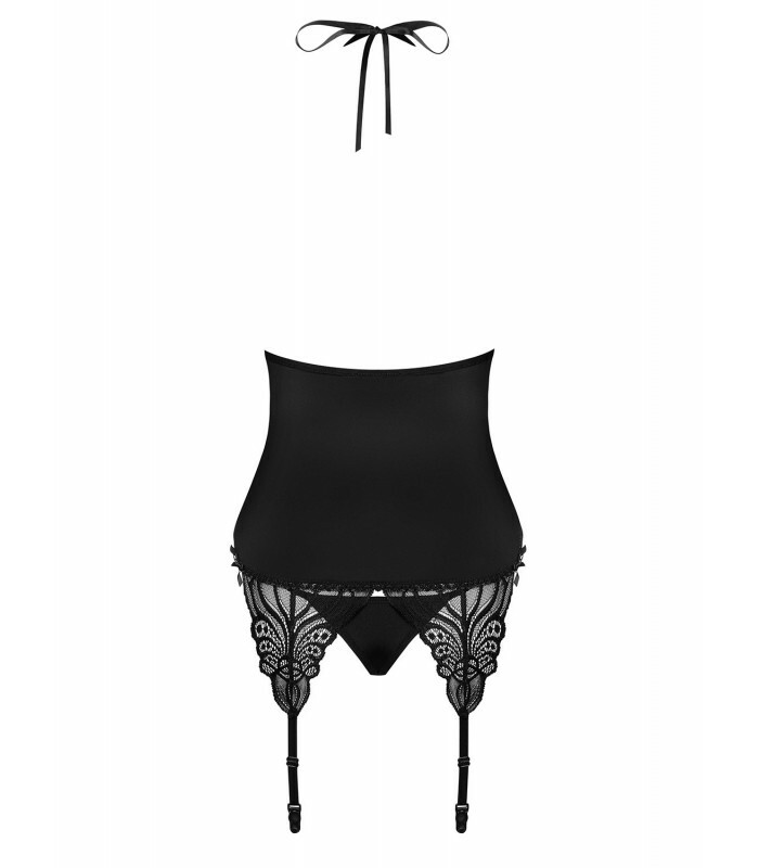 Корсет еротичний Obsessive 828-COR-1,  L/XL, мереживний, з трусиками, з пажами для панчох, чорний - Изображение 9