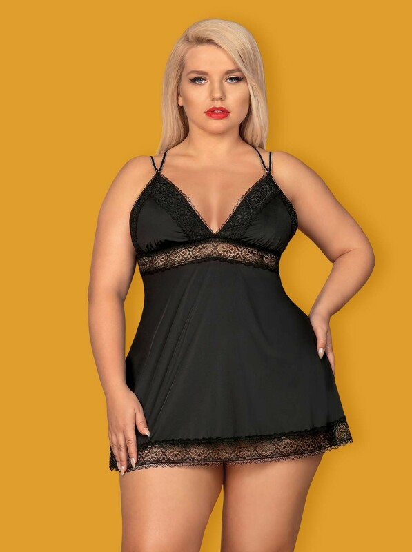 Красивая черная сорочка с кружевом большого размера Babydoll XXL - Изображение 6