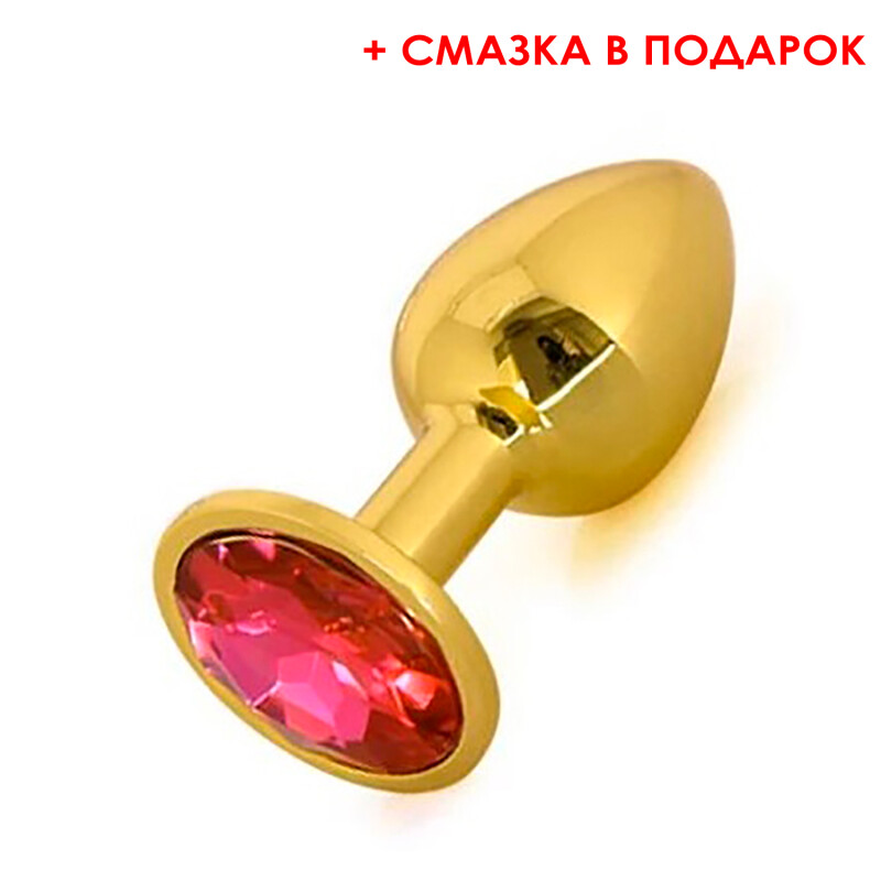 Анальна пробка, М, з червоним каменем (змазка в подарунок), золота, 8.5 x 3.5 см - Зображення 3