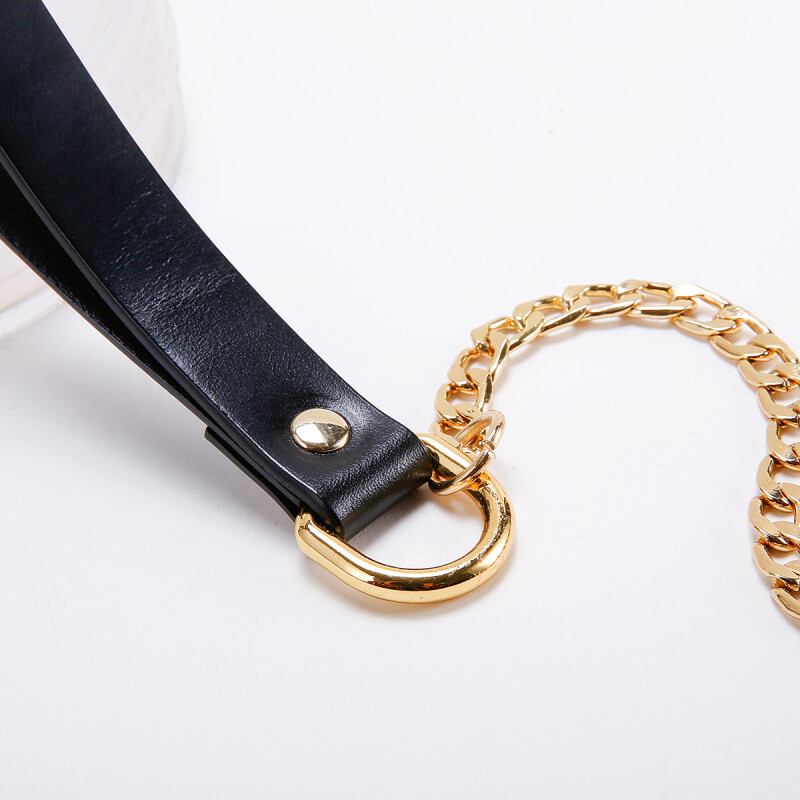 Повідець, італійська шкіра, з металевим ланцюгом, Leather Cosplay Leash UPKO, чорно-золотий, - Изображение 4