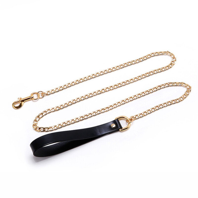 Повідець, італійська шкіра, з металевим ланцюгом, Leather Cosplay Leash UPKO, чорно-золотий, - Изображение 1