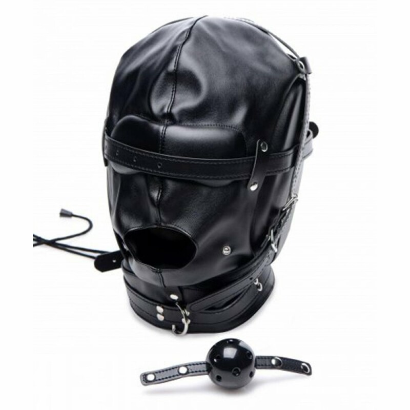 Шлем-маска на голову Bondage Hood с кляпом, черная - Зображення 3