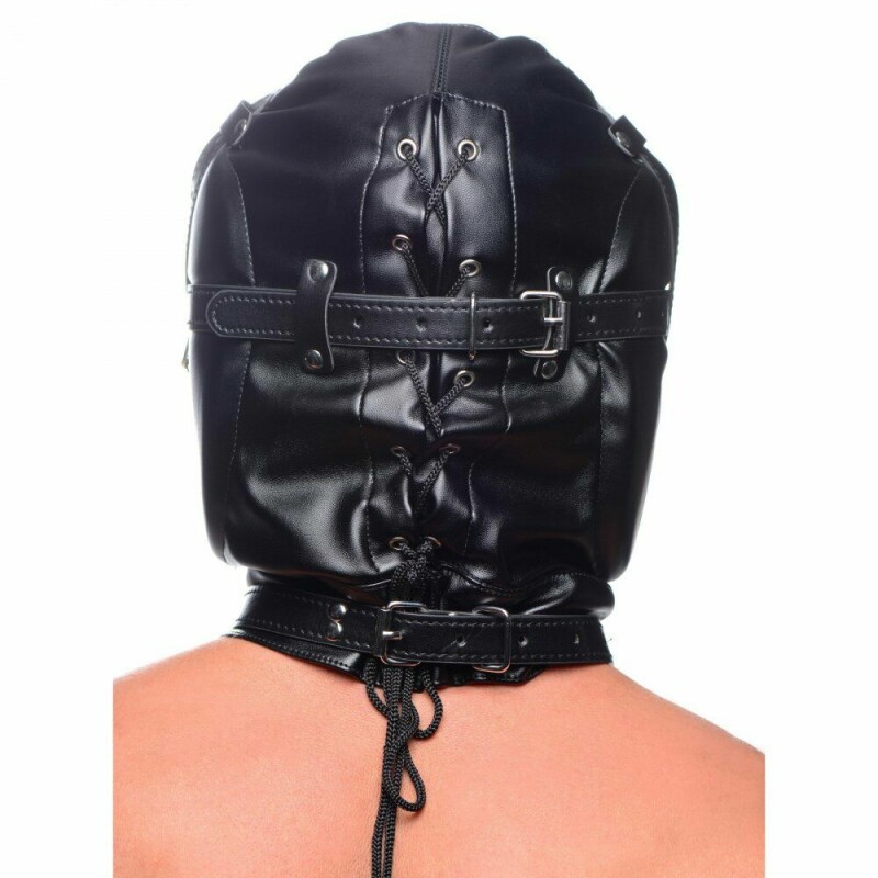 Шлем-маска на голову Bondage Hood с кляпом, черная - Зображення 2