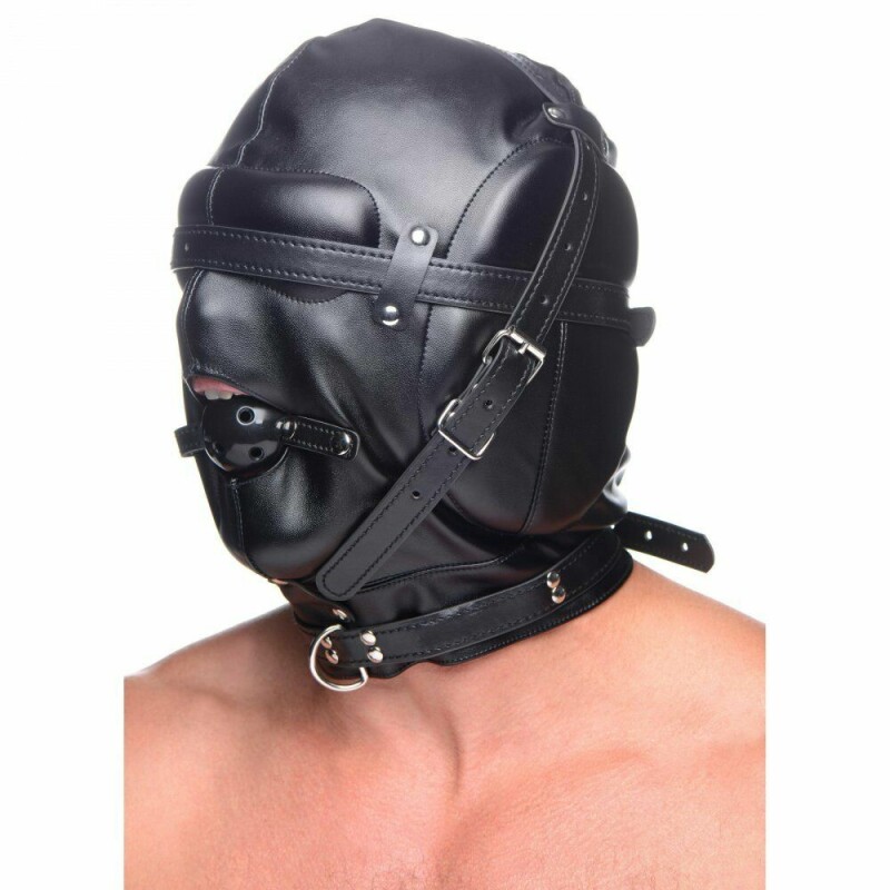 Шлем-маска на голову Bondage Hood с кляпом, черная - Зображення 1