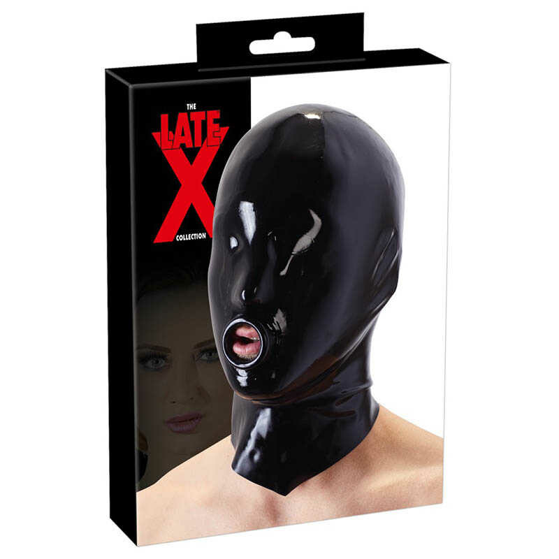 Маска латексная LateX на голову с кольцом на губах, черная - Зображення 2
