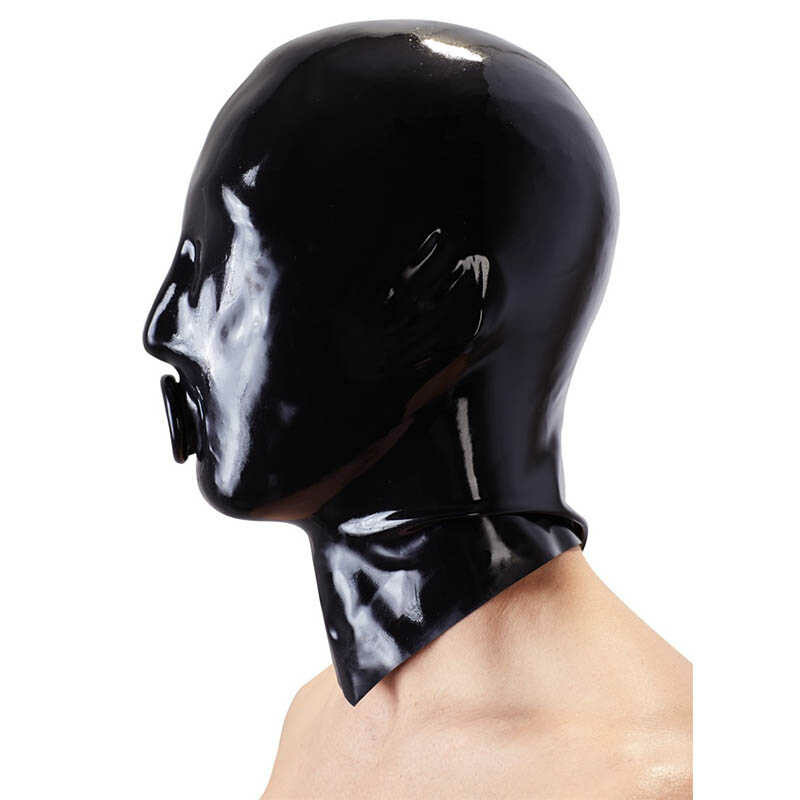 Маска латексная LateX на голову с кольцом на губах, черная - Зображення 1