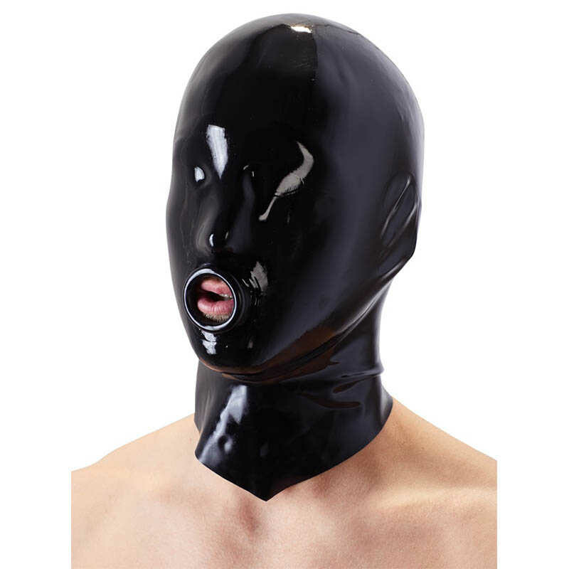 Маска латексная LateX на голову с кольцом на губах, черная