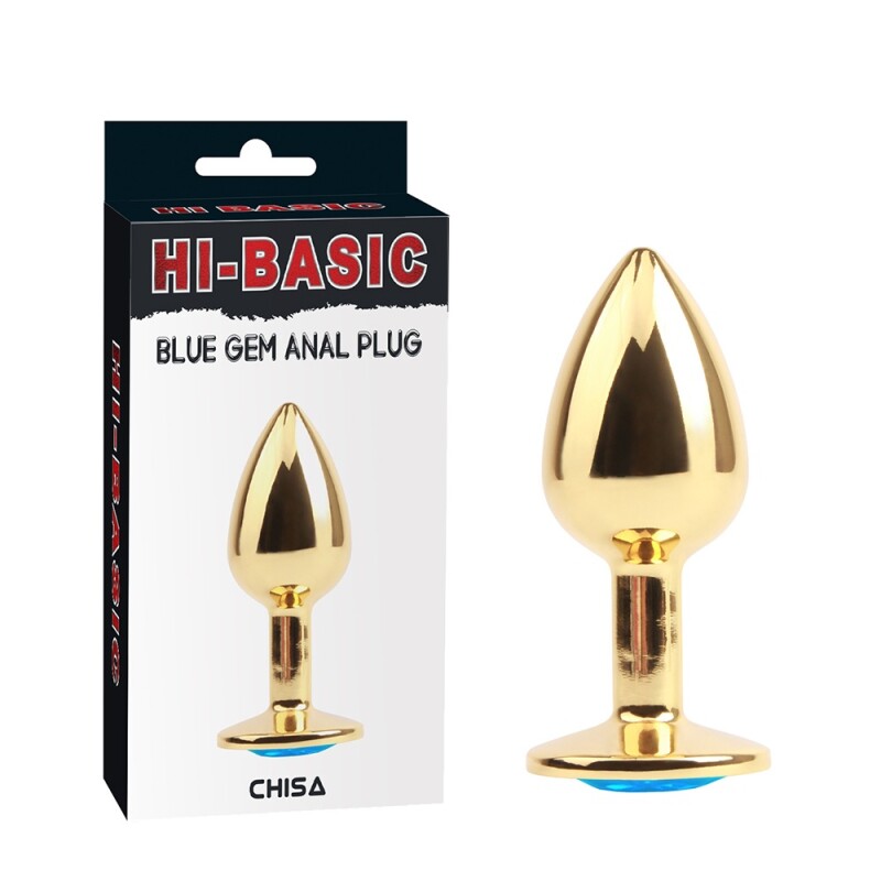 Анальна пробка Chisa, S, HI-BASIC з синім каменем, золота, 7.1 х 2.8 см
