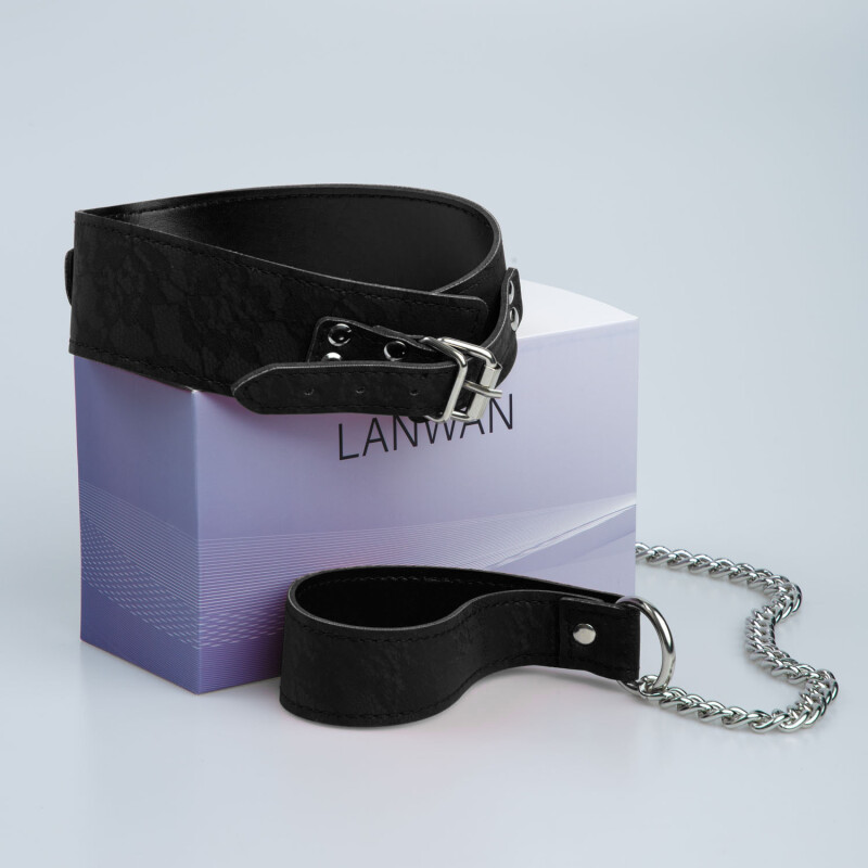 Нашийник з повідцем Чорний Мереживо кожзам BLK collar в коробці - Изображение 1