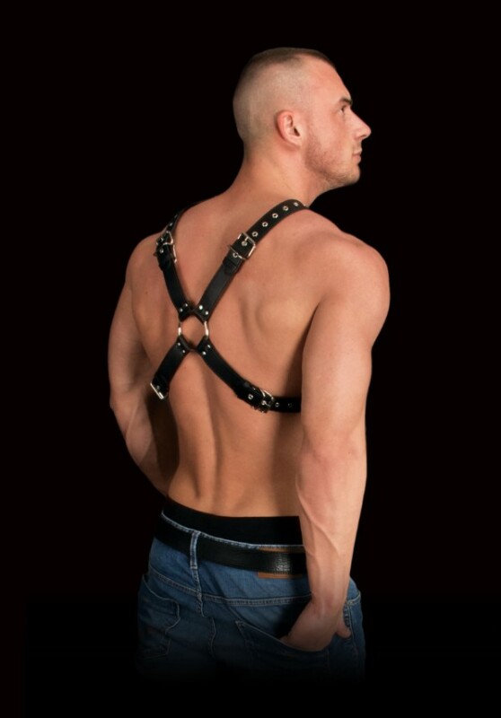 Портупея чоловіча шкіряна з металевими заклепками Adonis Chest Harness, чорна, O/S - Изображение 3
