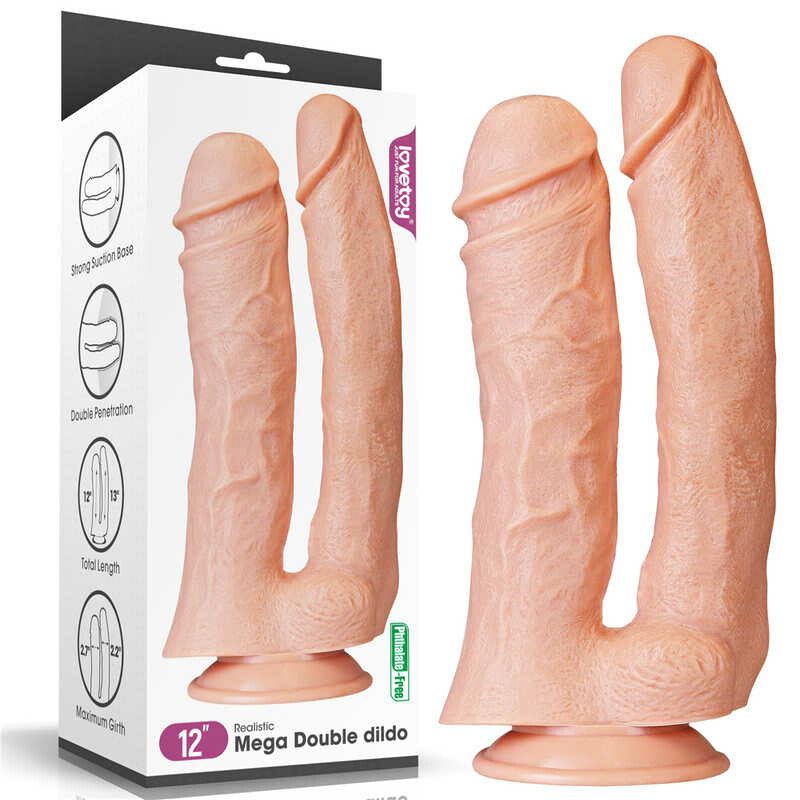 Фаллоимитатор двойной гігант на присосці Lovetoy реалістичний, бежевий, 33 х 6.8 см