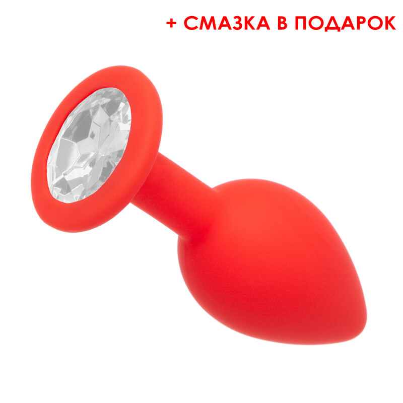 Анальна пробка з прозорим стразом, червона (смазка у подарунок), S, 7.5 х 2.8 см