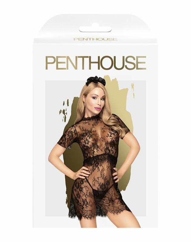 Мереживне плаття з прикрасою на голову та стрінгами Penthouse чорне, S/M - Изображение 2