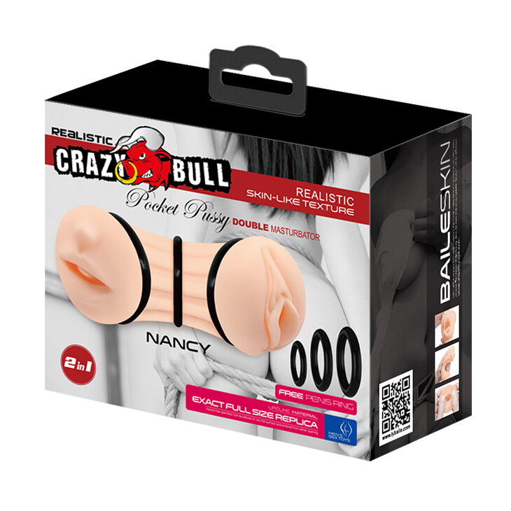 Мастурбатор двосторонній Crazy Bull Nancy вагіна та рот, з кільцями, бежевий, 17.5 х 6.5 см - Зображення 7