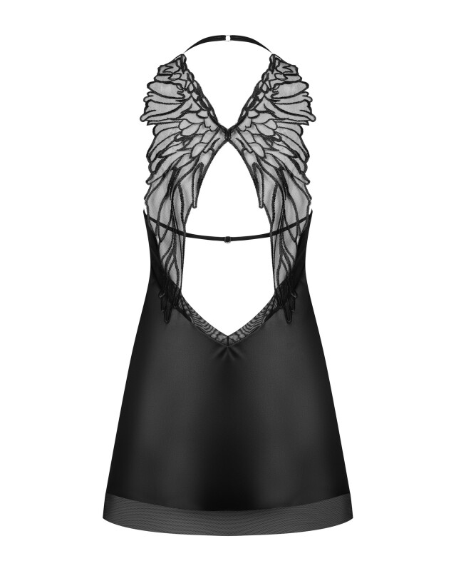 Сорочка атласна Obsessive Alifini з декоративними крилами, чорна, L/XL - Изображение 6