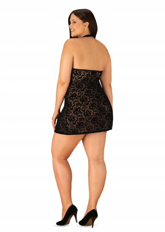 Сорочка з трусиками Obsessive Softily з візерунком та застібкою на шиї, чорна, 2XL/3XL - Изображение 5