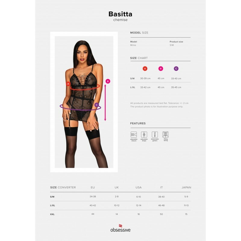 Сорочка в сітку Obsessive Basitta, S/M, зі шнурівкою, чорна - Зображення 9