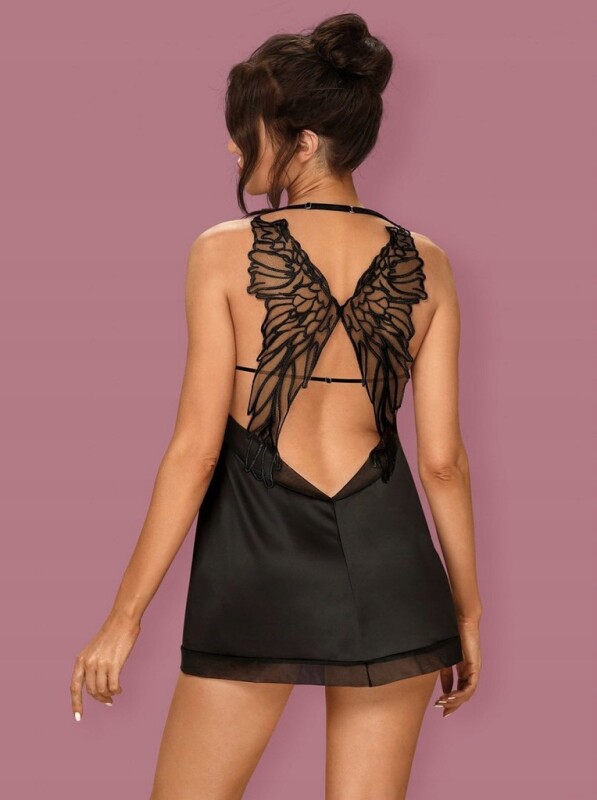 Сорочка атласна Obsessive Alifini з декоративними крилами, чорна, L/XL - Изображение 8