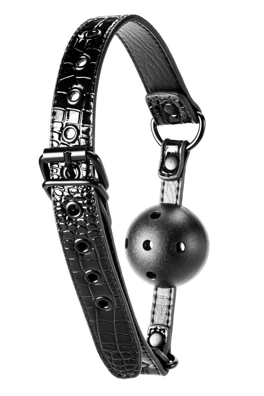 Кляп із пластиковою кулькою 4,7 см діаметр BLAZE LUXURY BALL GAG CROCO BLACK - Зображення 2