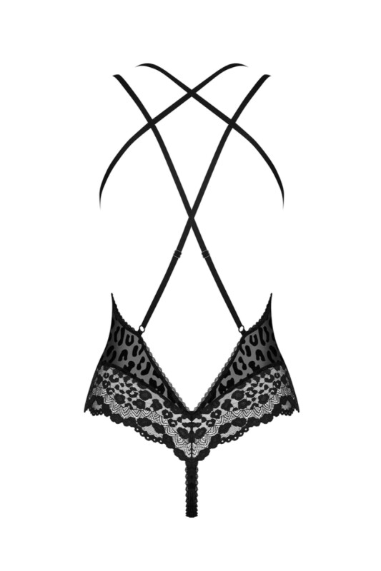 Боді еротичне з мереживом Obsessive леопардове, чорне, S/M - Зображення 4