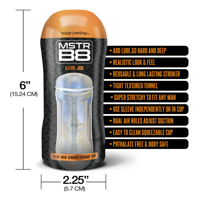 Мастурбатор в колбі Happy Ending Mstr B8 Hand Job, прозорий, 15.2 см х 5.7 см - Зображення 4
