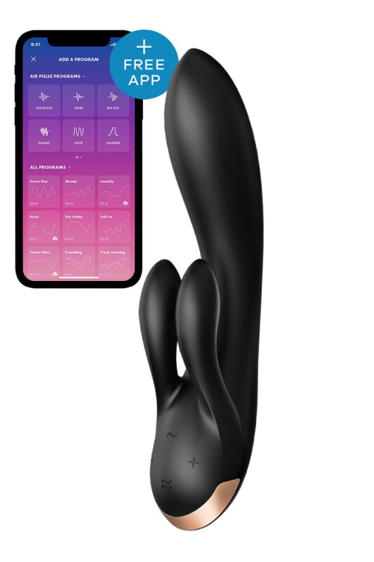 Вібратор-кролик Satisfyer Double Flex з додатком та двома відростками, чорний, 20 х 3.5 см