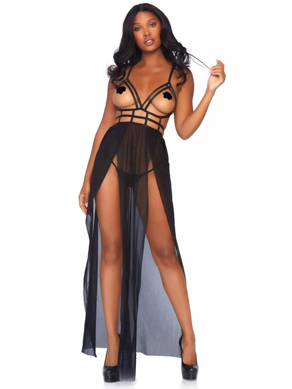 Еротична сукня з відкритими грудьми S/M Yours Always Open Cup Gown Set від Leg Avenue, чорна - Зображення 3
