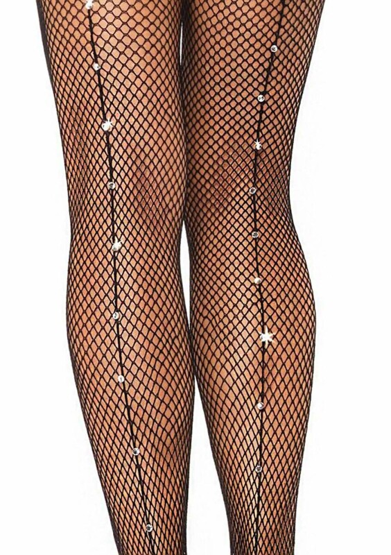 Колготи в сіточку Leg Avenue Rhinestone зі стразами по шву, чорного кольору, O/S - Зображення 2