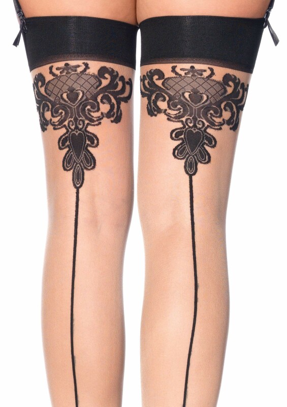 Панчохи з візерунками One Size Tana Sheer Thigh High Stockings від Leg Avenue, бежево-чорні - Зображення 3