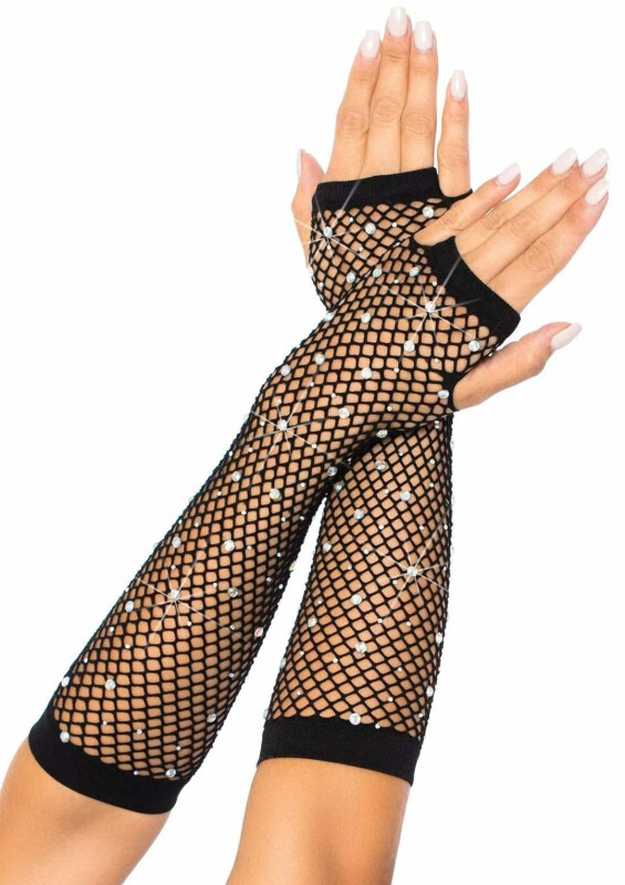 Рукавички в сітку із стразами One SIze Fishnet Arm Warmers Gloves від Leg Avenue Rhinestone, чорні - Изображение 2