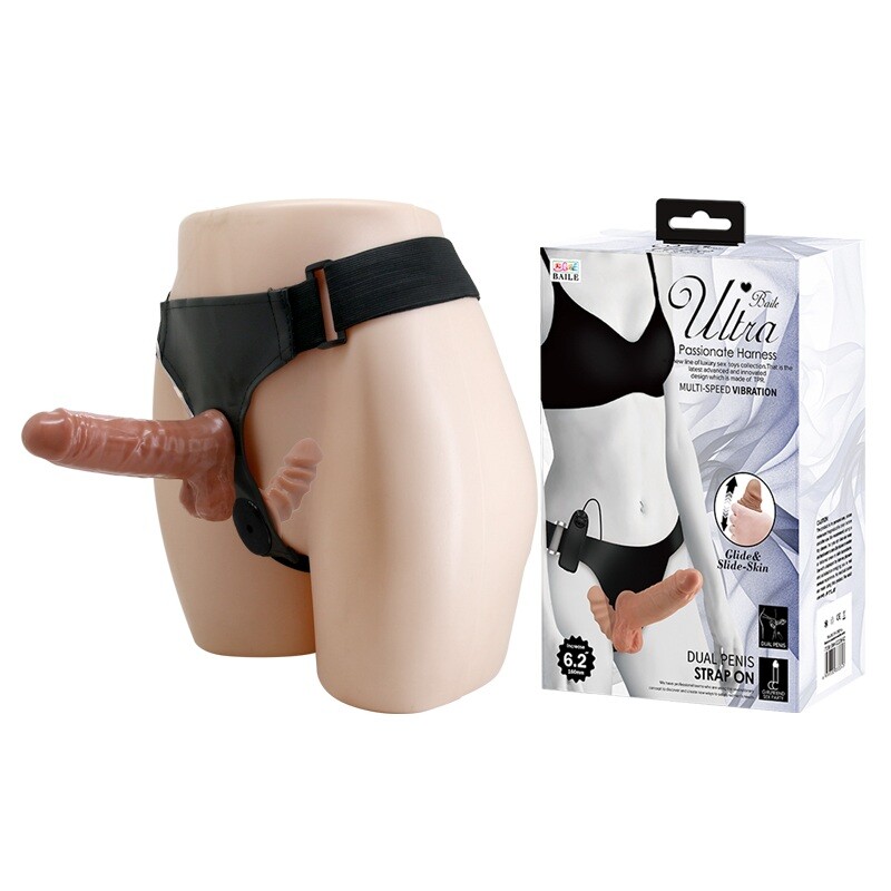 Страпон подвійний BAILE Ultra з вібрацією та пультом, бежевий, 16 х 4 см