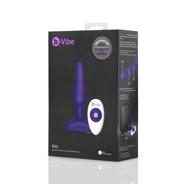 Анальна пробка з вібрацією B-Vibe Trio, з пультом дистанційного керування, фіолетова, 13.5 х 3 см - Зображення 1