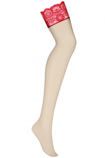Сексуальні панчохи Obsessive 853-STO-3, S/M, з мереживною червоною коронкою, під пояс, бежеві - Изображение 7