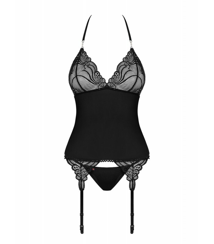 Корсет еротичний Obsessive 828-COR-1, S/M, мереживний, з трусиками, з пажами для панчох, чорний - Зображення 2