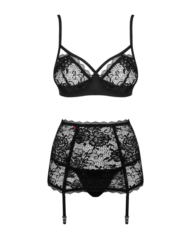 Сексуальний комплект Obsessive Peonesia, L/XL, з 3 частин, мереживний, чорний - Зображення 5
