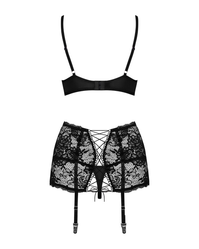 Сексуальний комплект Obsessive Peonesia, L/XL, з 3 частин, мереживний, чорний - Зображення 6