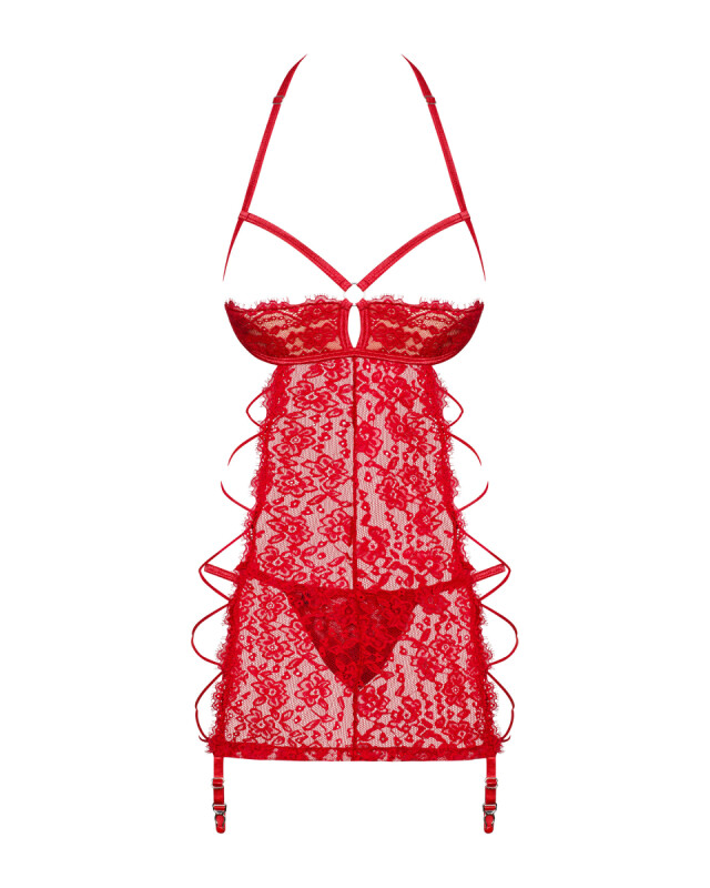 Еротична сорочка Obsessive Rediosa, L/XL, з пажами для панчіх, мереживна, з трусиками, червона - Зображення 7