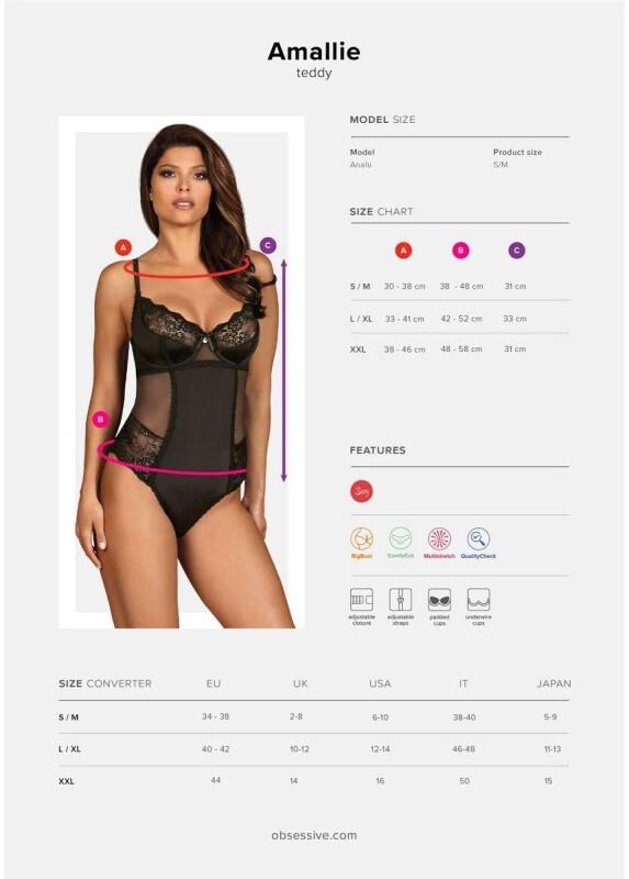 Сексуальне боді Obsessive Amallie, S/M, мереживне, напівпрозоре, чорне - Зображення 9