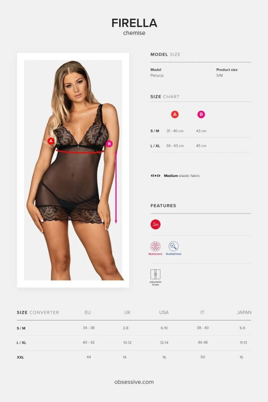 Сексуальний пеньюар Obsessive Firella, L/XL, напівпрозорий, мереживний, трусики в комплекті, чорний - Зображення 8