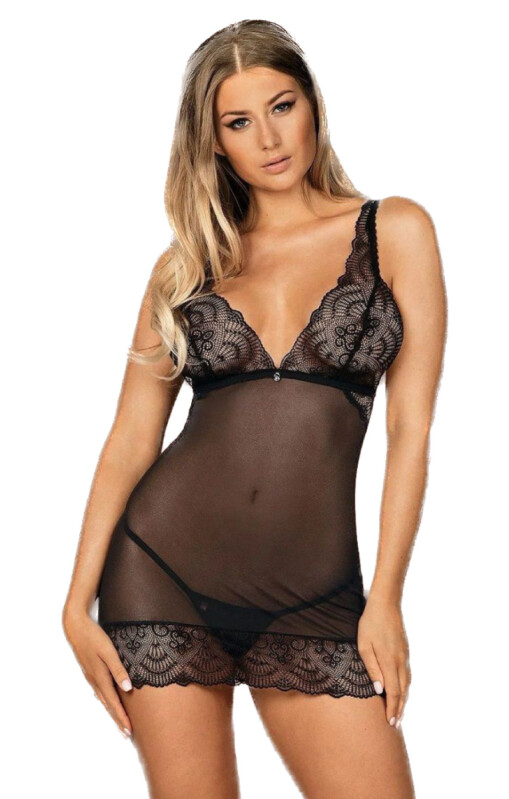 Сексуальний пеньюар Obsessive Firella, L/XL, напівпрозорий, мереживний, трусики в комплекті, чорний - Зображення 3