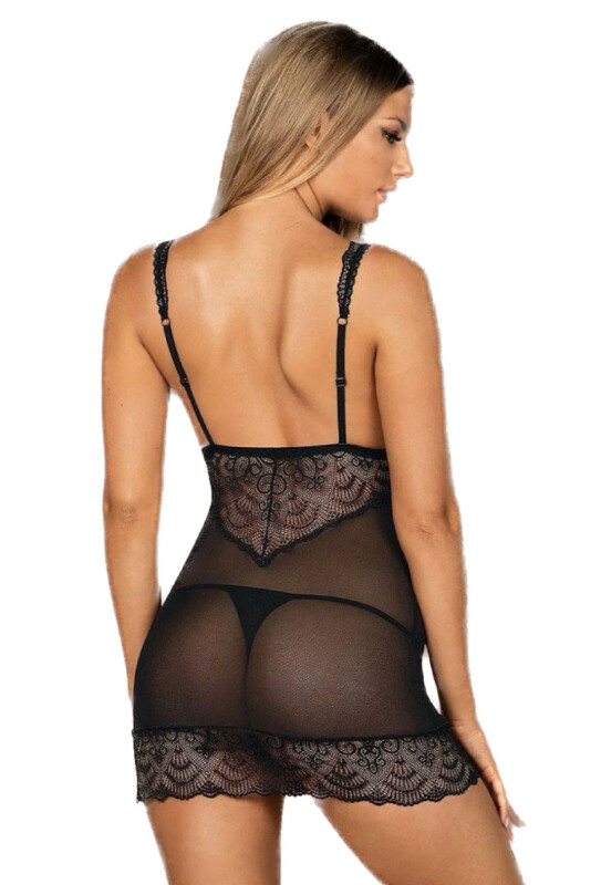 Сексуальний пеньюар Obsessive Firella, L/XL, напівпрозорий, мереживний, трусики в комплекті, чорний - Зображення 4
