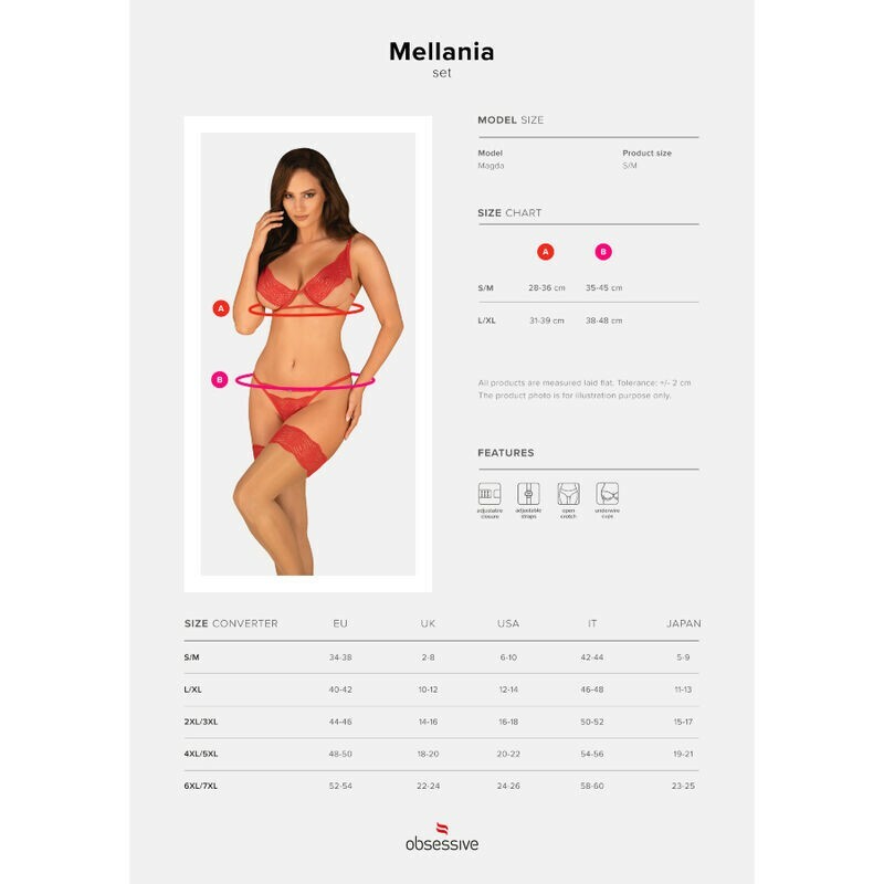 Комплект мереживний Obsessive Mellania S/M, з відкритою інтимною зоною, червоний - Изображение 6