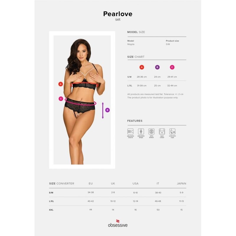 Еротичний комплект Obsessive Pearlove XS/S, з відкритими грудьми та інтимною зоною, чорний - Изображение 6